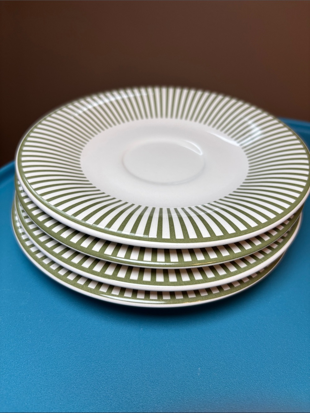 Vintage Martha Stewart Everyday saucers green and white striped Hydrangea line